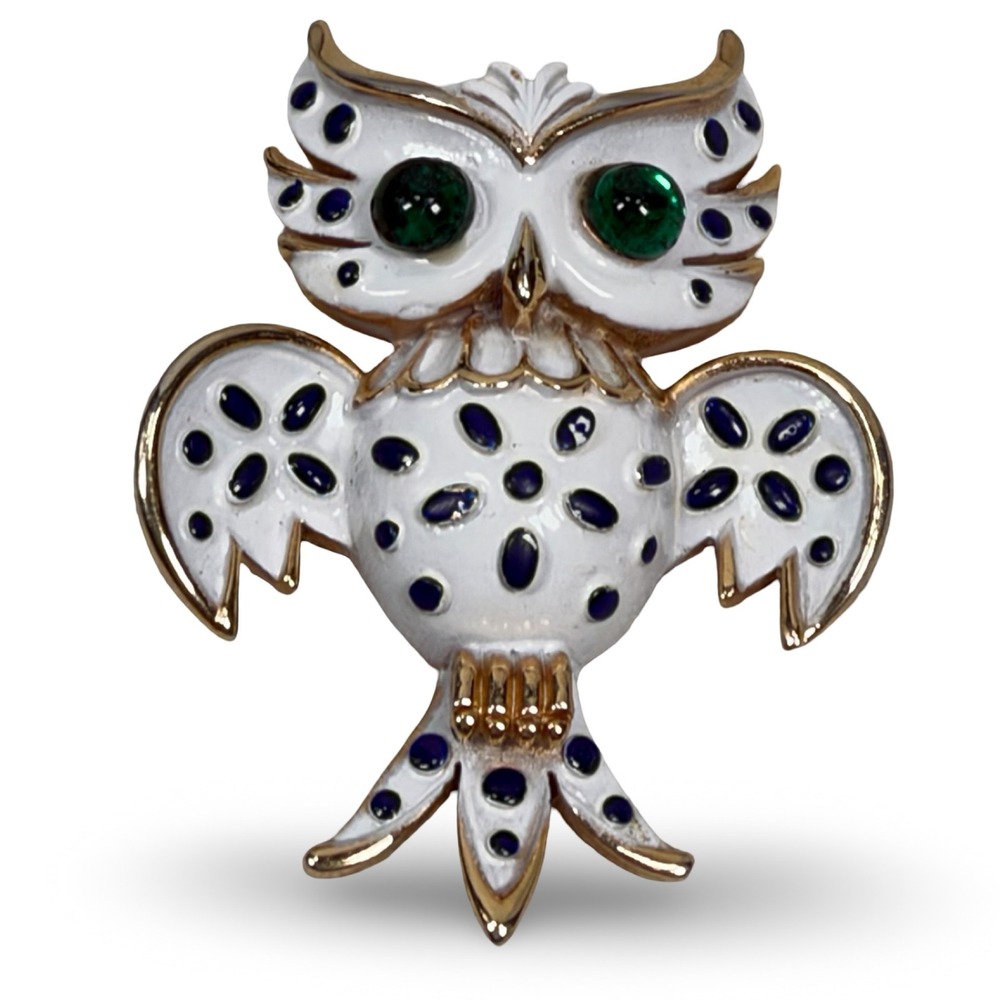 Vintage Crown Trifari White Enamel Owl Brooch Precious Pets Green Eyes Gold Tone